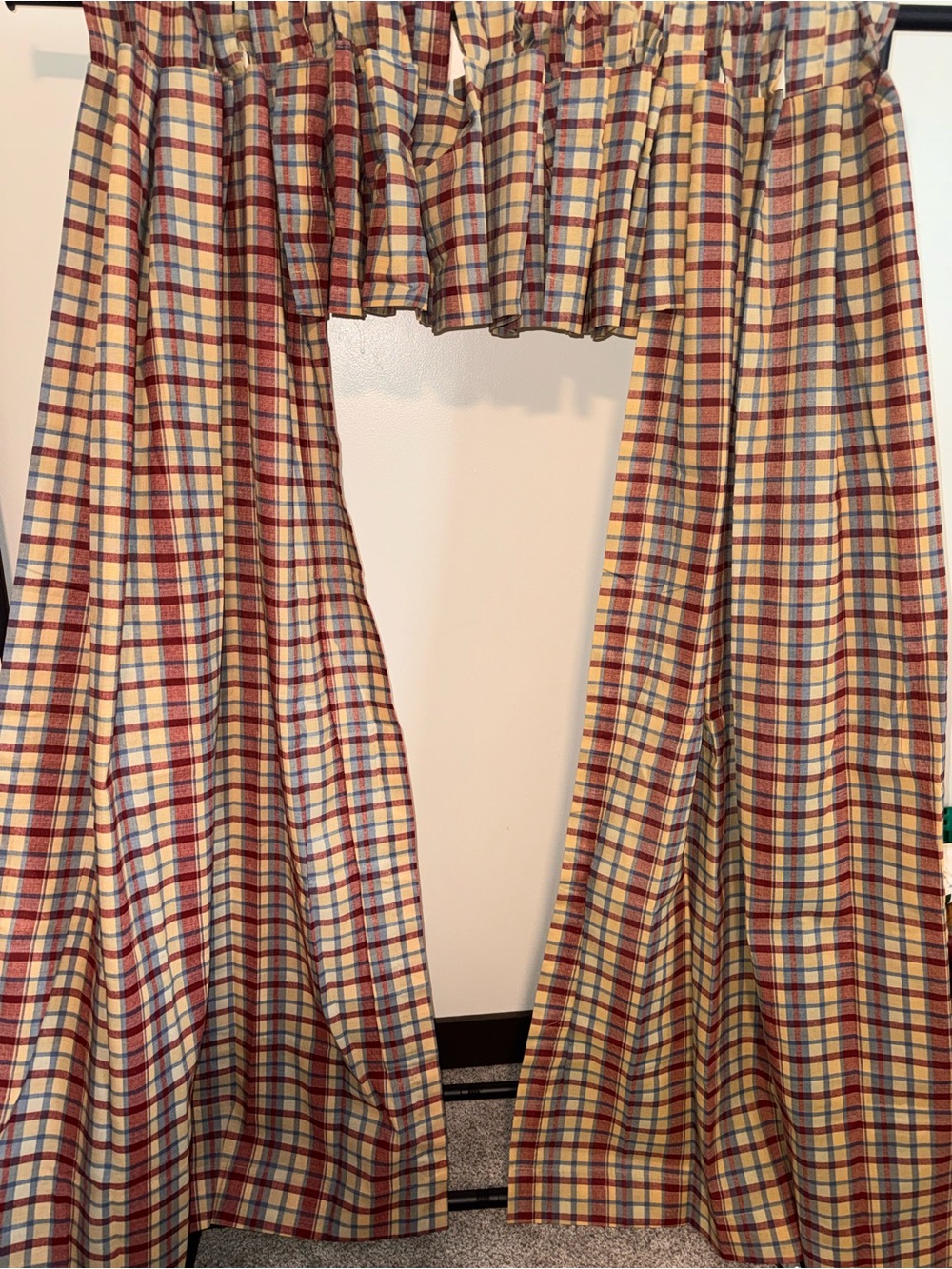 Farmhouse Plaid Curtain Set Panels & Valances Red Blue Tan Country 5 Pc